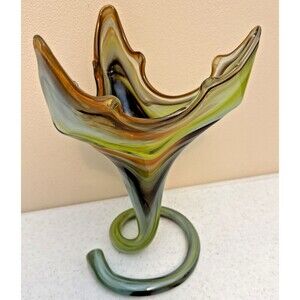 Vintage MCM Sooner Art Glass Trumpet Flower Vase Green Brown & White Swirl 10"